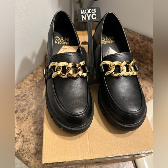 Madden NYC Shoes - Women's Black Loafers with Gold Chain